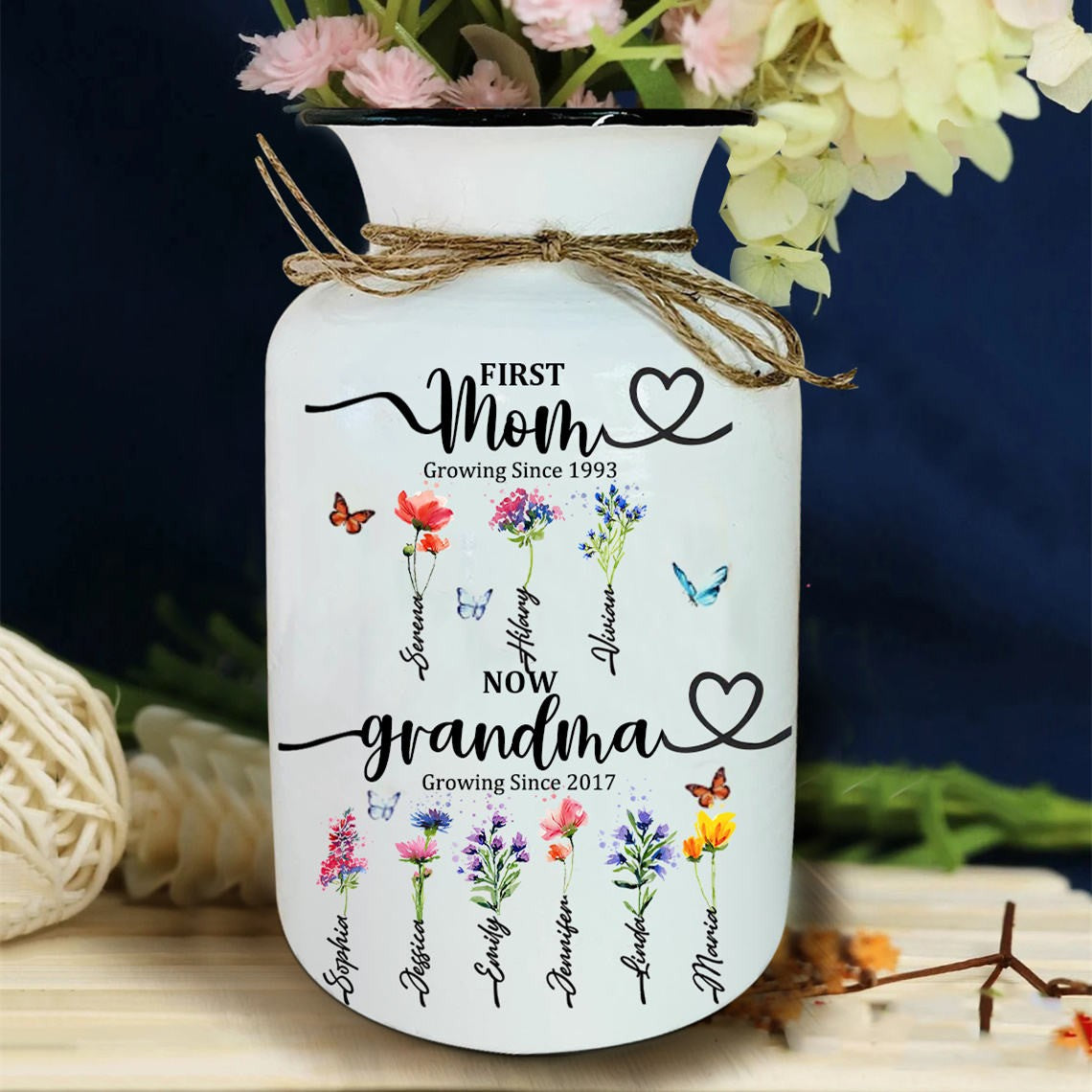 First Mom Now Grandma Custom Birth Flower Vase