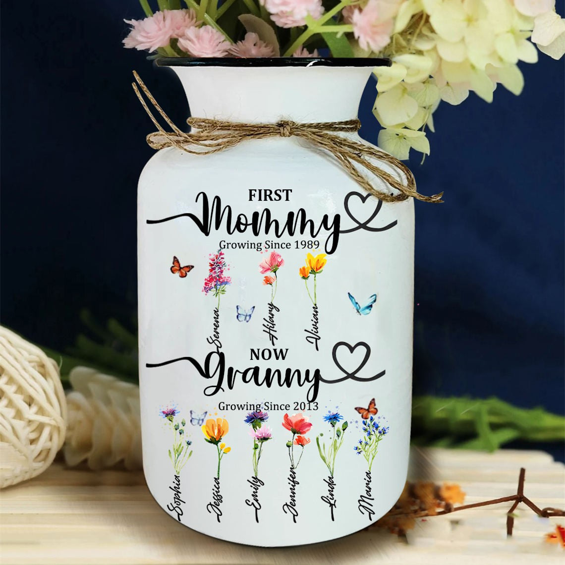 First Mom Now Grandma Custom Birth Flower Vase